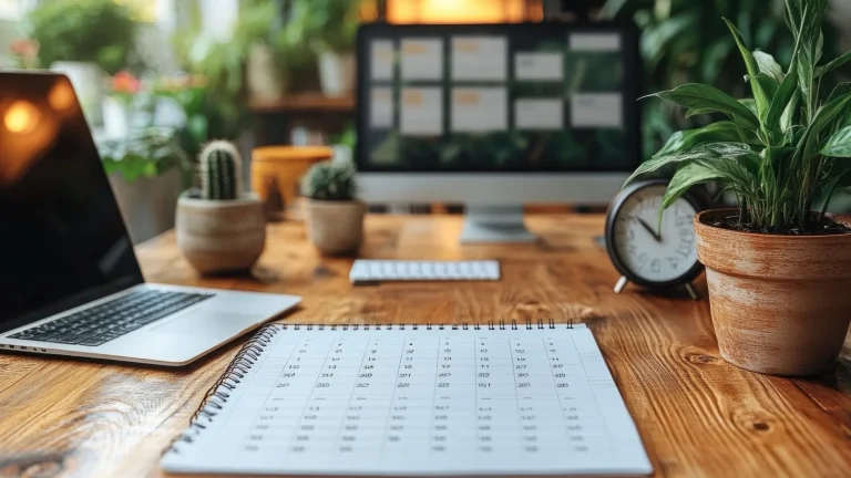 Wöchentliche Höchstarbeitszeit: Kalender und Arbeitsplatz als Symbol für Arbeitszeit pro Woche