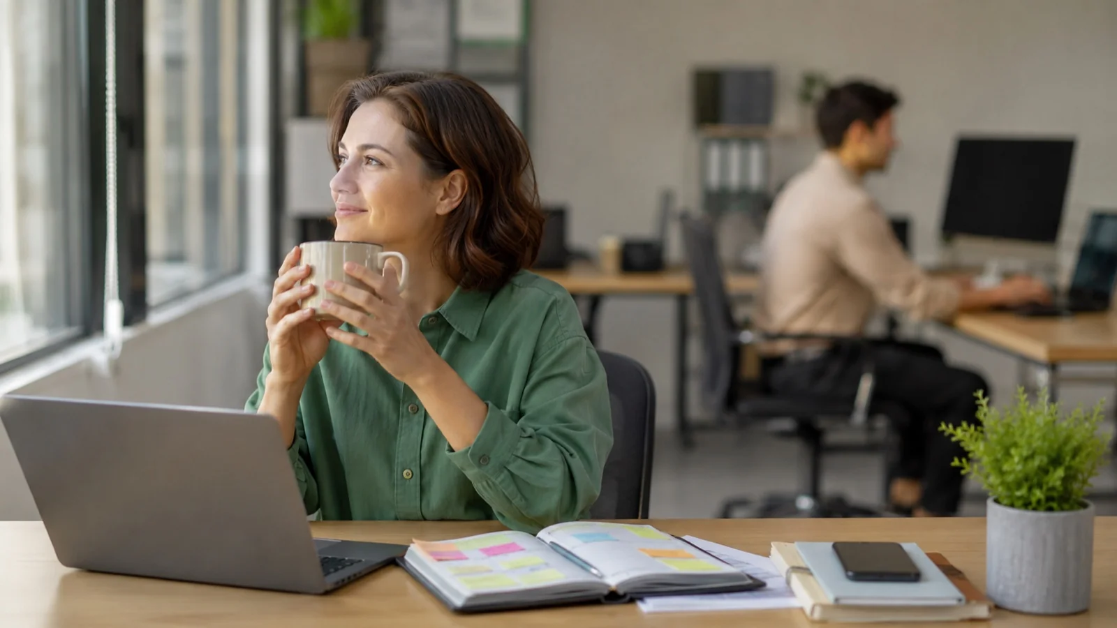 Flexible Arbeitszeit im Büro: Person mit Tasse in einer ruhigen Arbeitspause