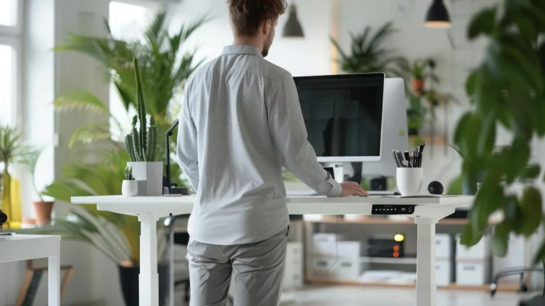 Bildschirmarbeit-Unterbrechung: Person steht am Schreibtisch mit Monitor als Hinweis auf kurze Entlastung
